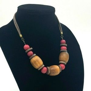 Handmade Wooden Large Beaded Necklace Brown Pink